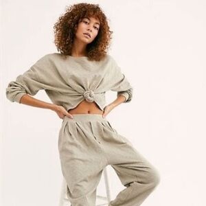 Free People Beach Culver City Pullover Tie Front Sweatshirt Top in Dried Palm
